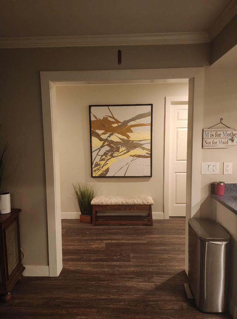 Framed painting hanging in a residential hallway