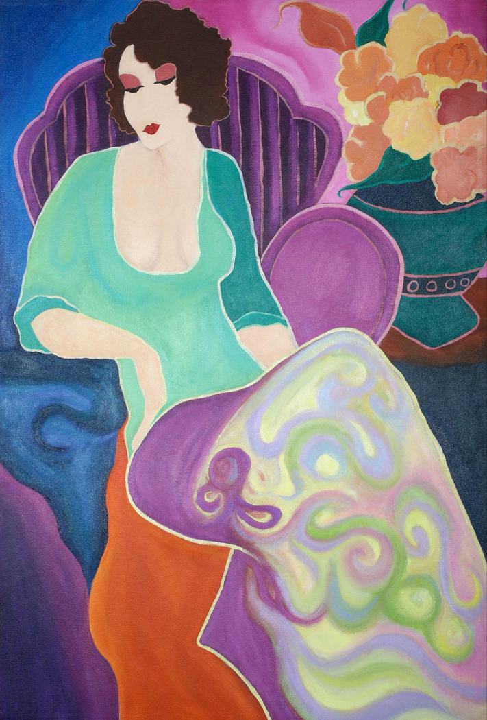 Stylized painting of a woman in a green blouse seated beside a vase of flowers