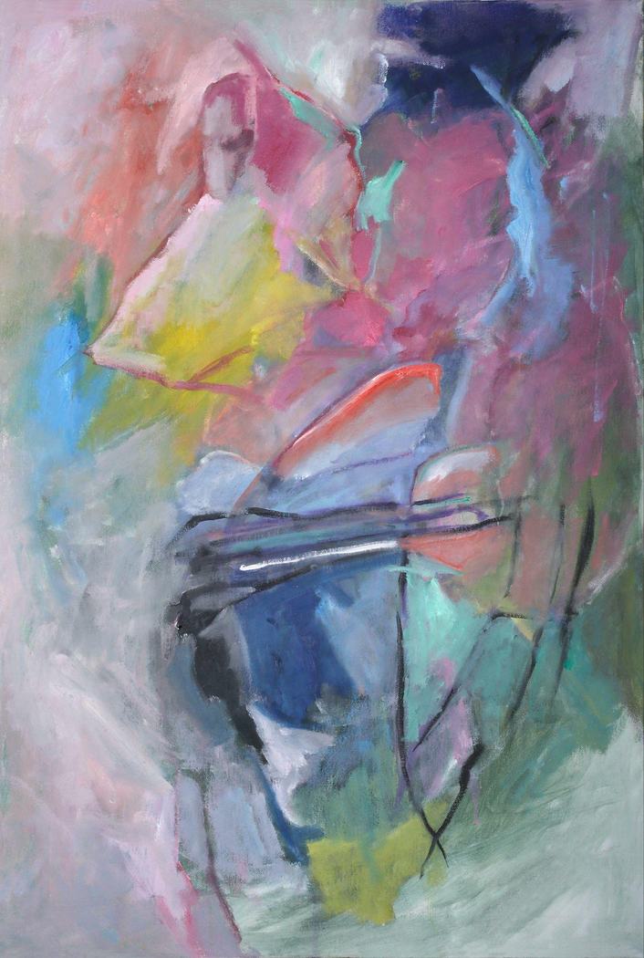 Soft abstract painting in pinks, blues, and greens with gestural lines