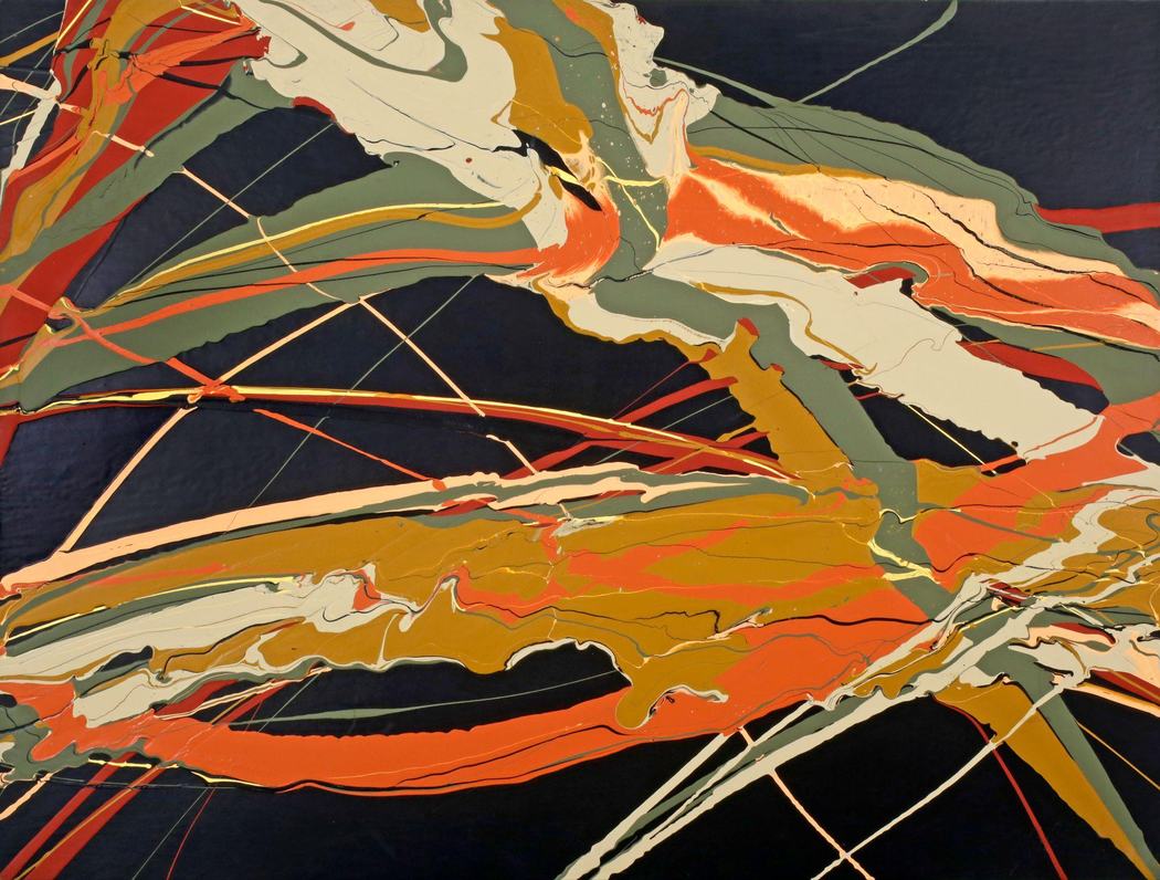 Poured paint abstract in orange, olive, and cream sweeping across a navy field