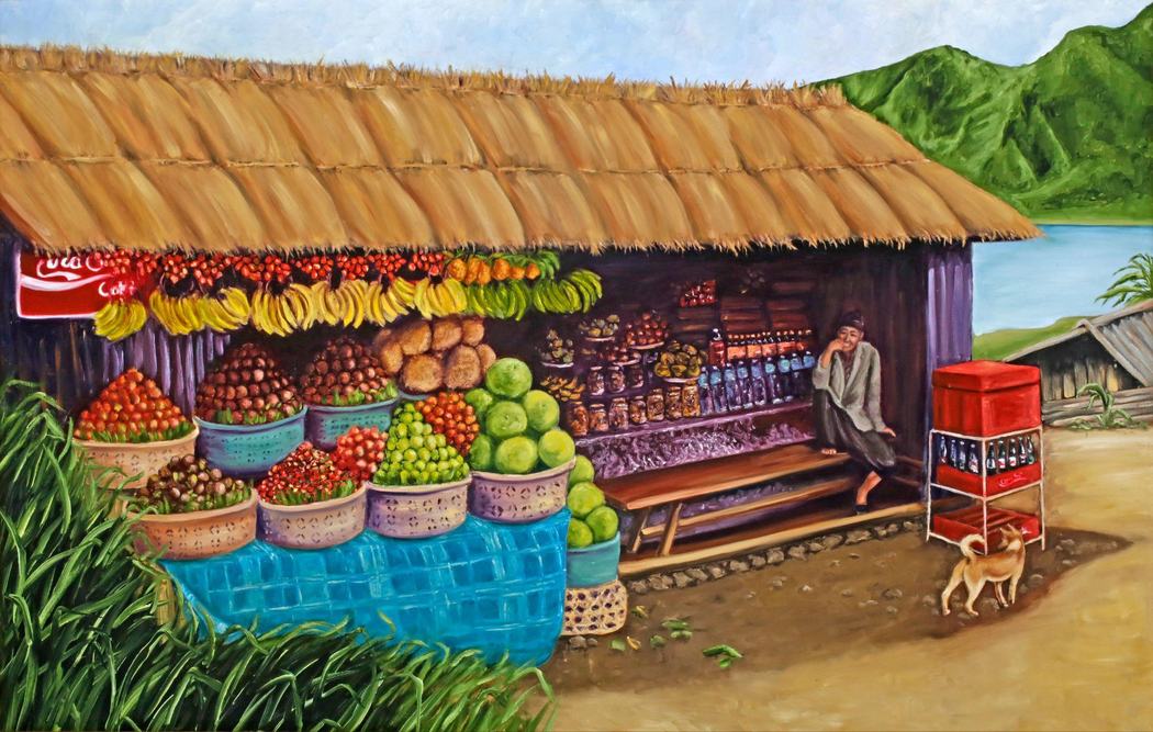 Painting of a thatched-roof fruit stand with baskets of produce and a dog