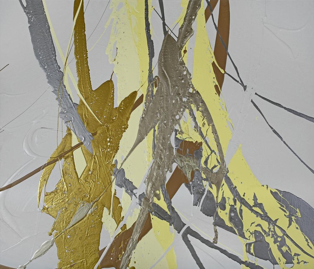 Poured paint abstract in gold, silver, and pale yellow on a soft gray ground