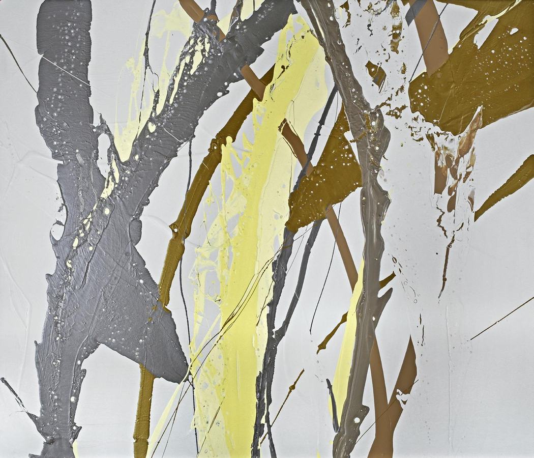Vertical poured paint abstract in gray, yellow, and umber strands