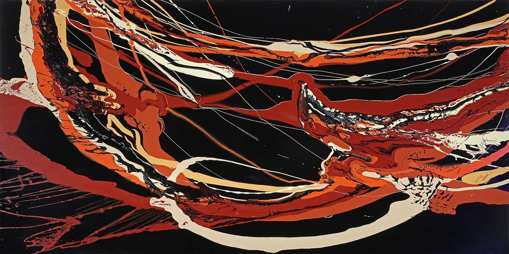 Wide poured paint abstract of red, orange, and cream arcs over black