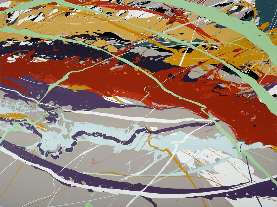 Layered poured paint abstract with red, gold, sage, purple, and white