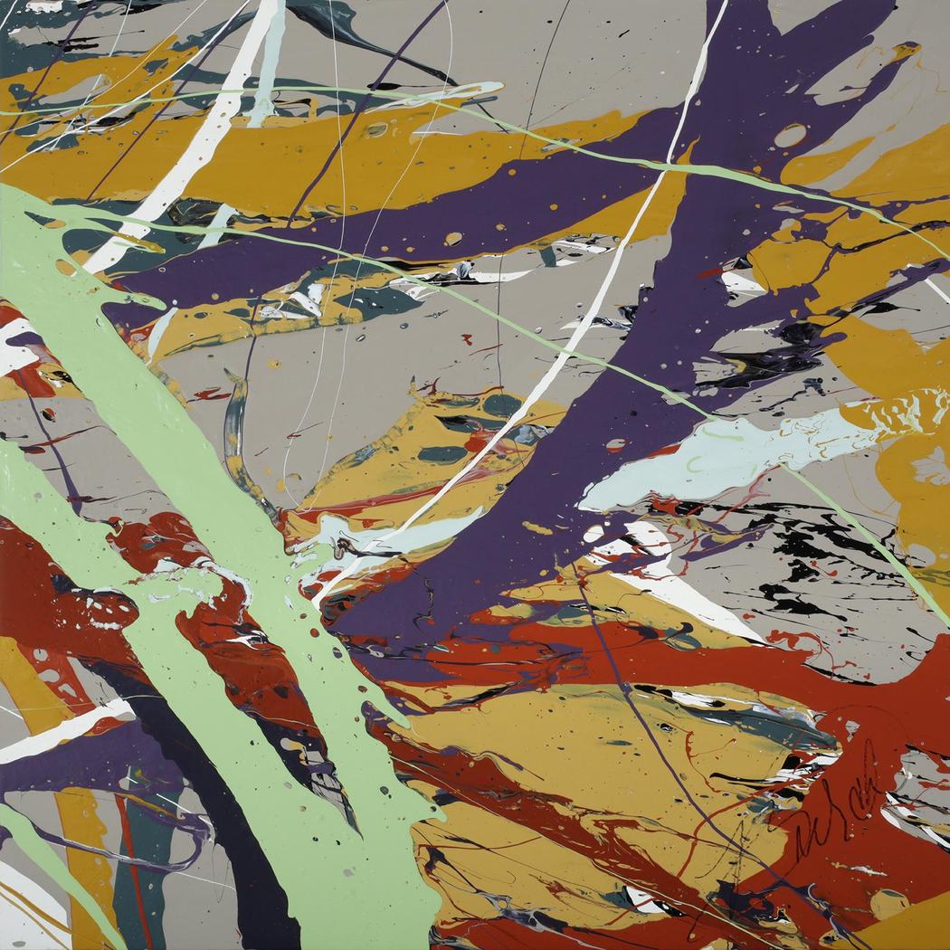 Square poured paint abstract in gray, purple, gold, and sage green
