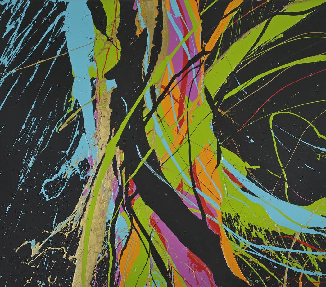 Poured paint abstract with turquoise, green, pink, and gold over black