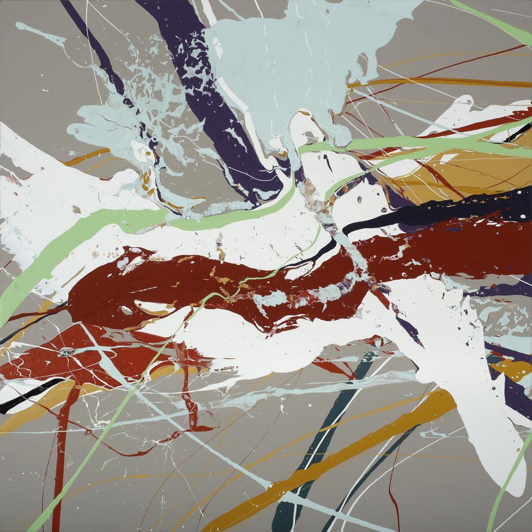 Square poured paint abstract in white, rust, sage, and slate on taupe
