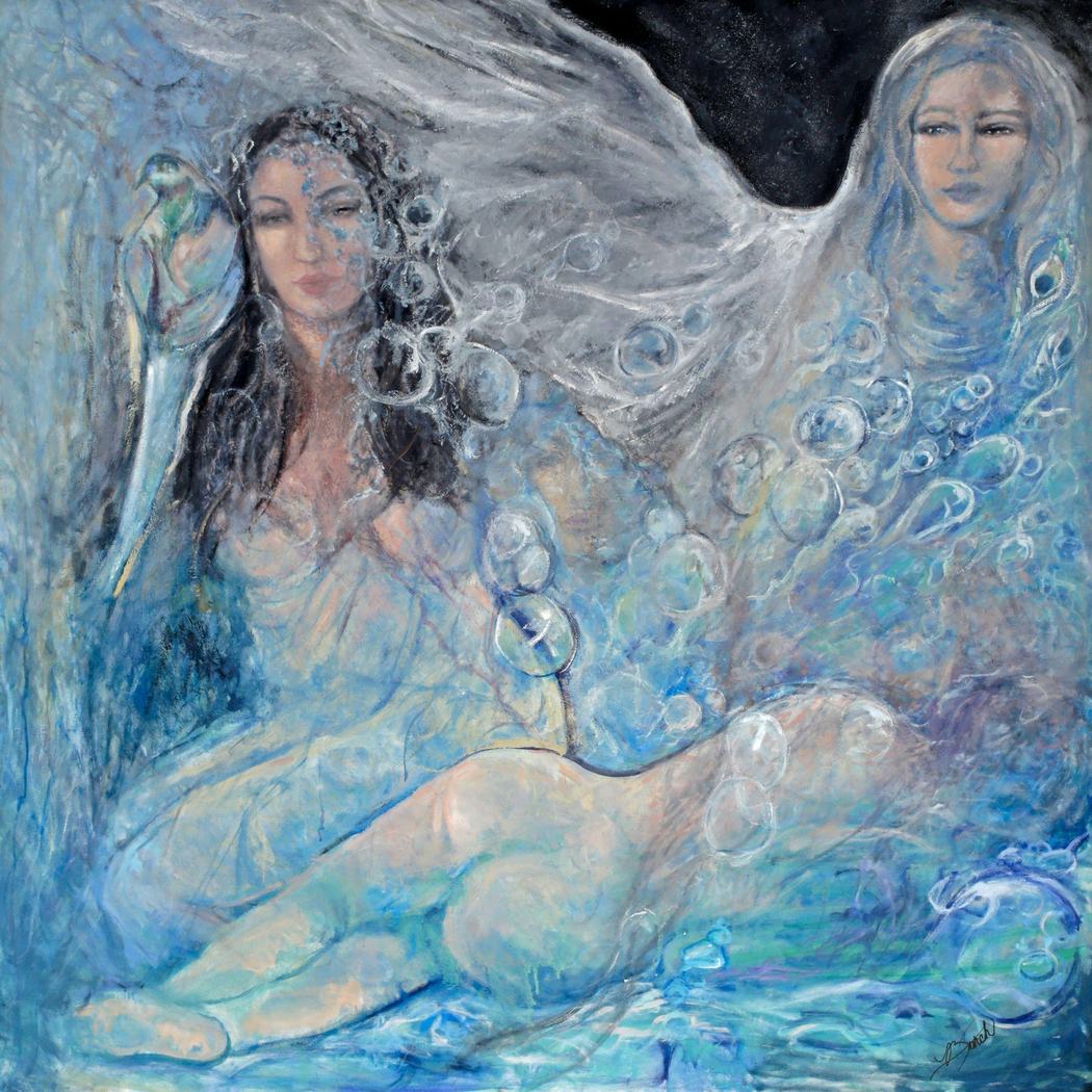 Blue-toned painting of two women among rising bubbles and flowing veils
