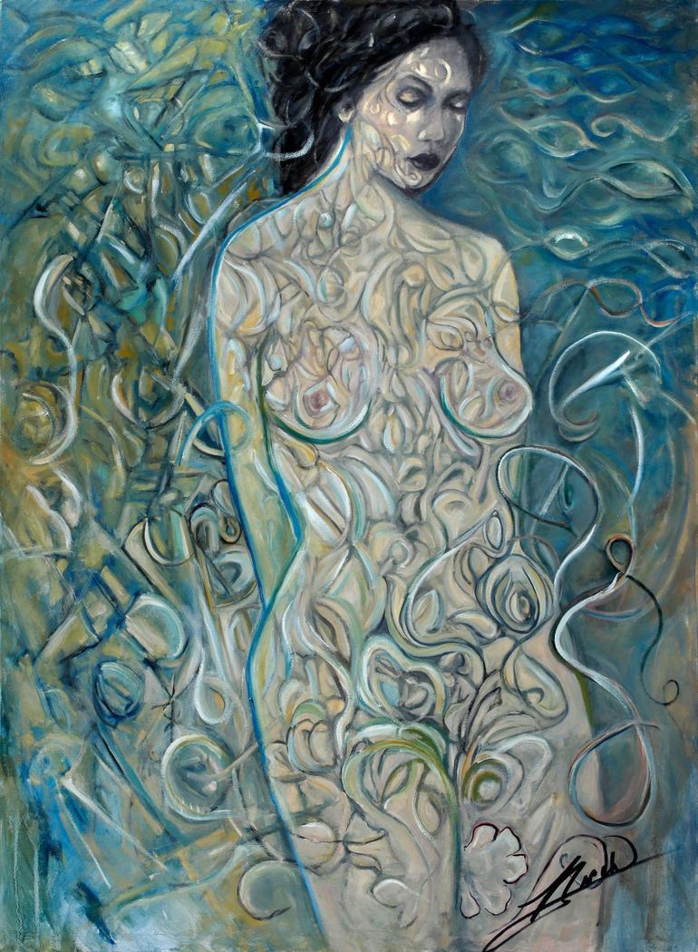 Painting of a standing female figure traced with flowing ornamental patterns in blue and cream