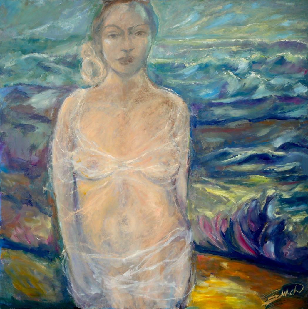 Painting of a woman wrapped in sheer fabric standing before a stormy sea