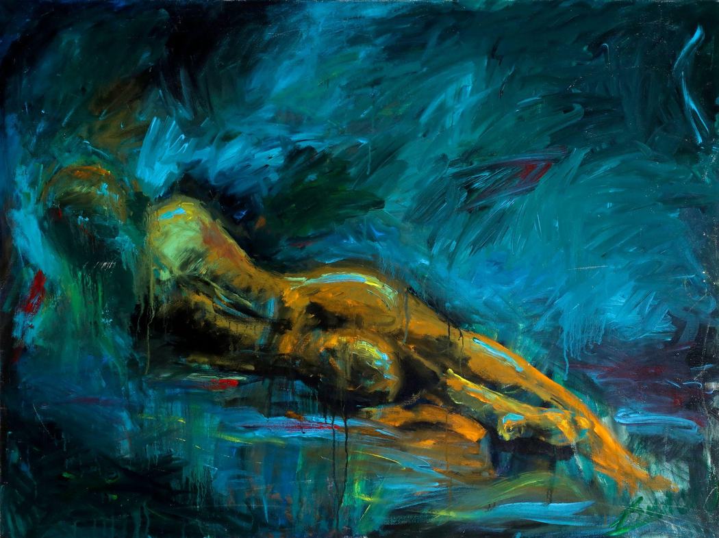 Expressive painting of a reclining figure in gold tones against turquoise brushwork