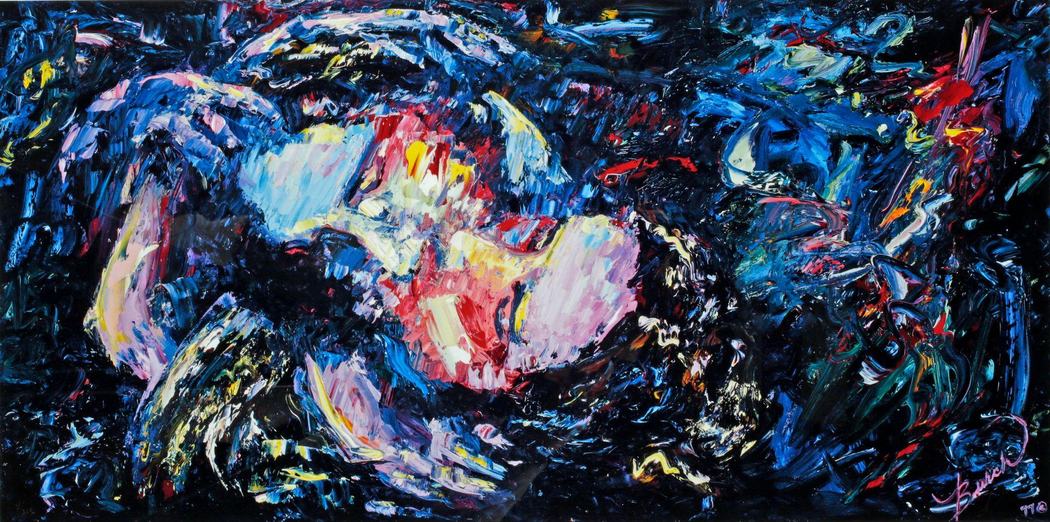 Dark impasto abstract with blue, pink, and cream strokes over near black