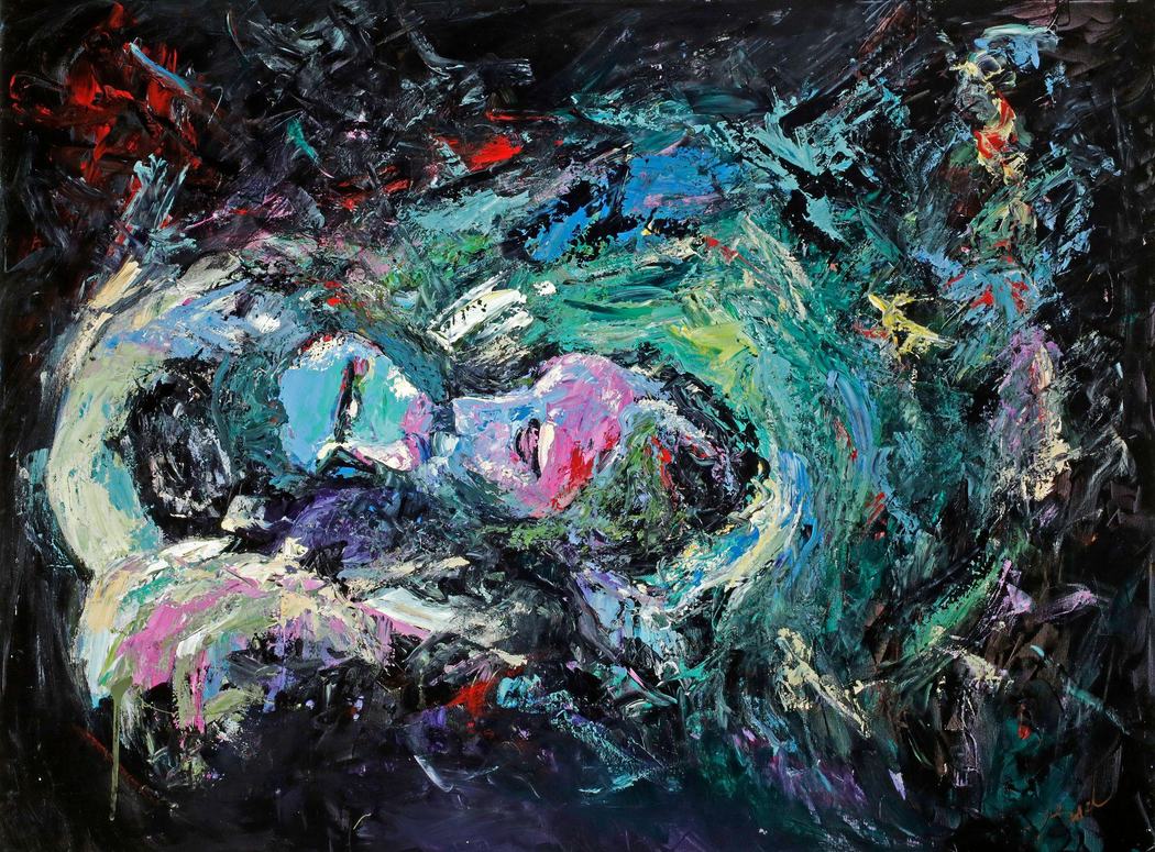 Impasto painting of two faces resting close together in teal and pink strokes
