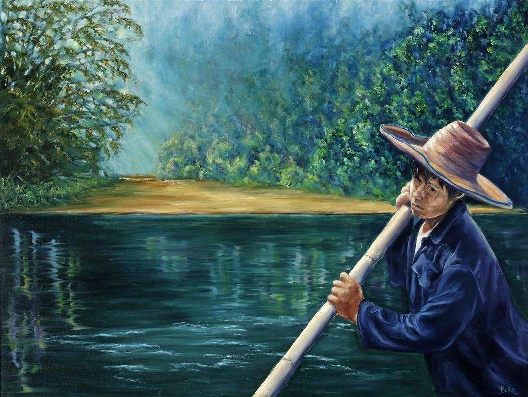 Painting of a boatman in a wide hat poling across a jungle river