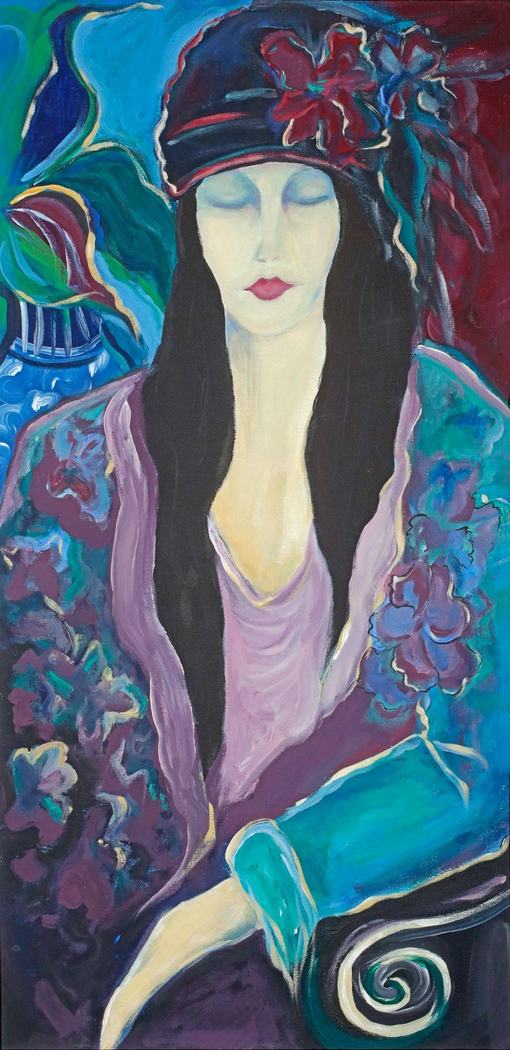 Stylized painting of a woman with long dark hair in a flowered hat